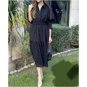 Zara Black Swiss Dot Tiered Midi Dress NWT M
